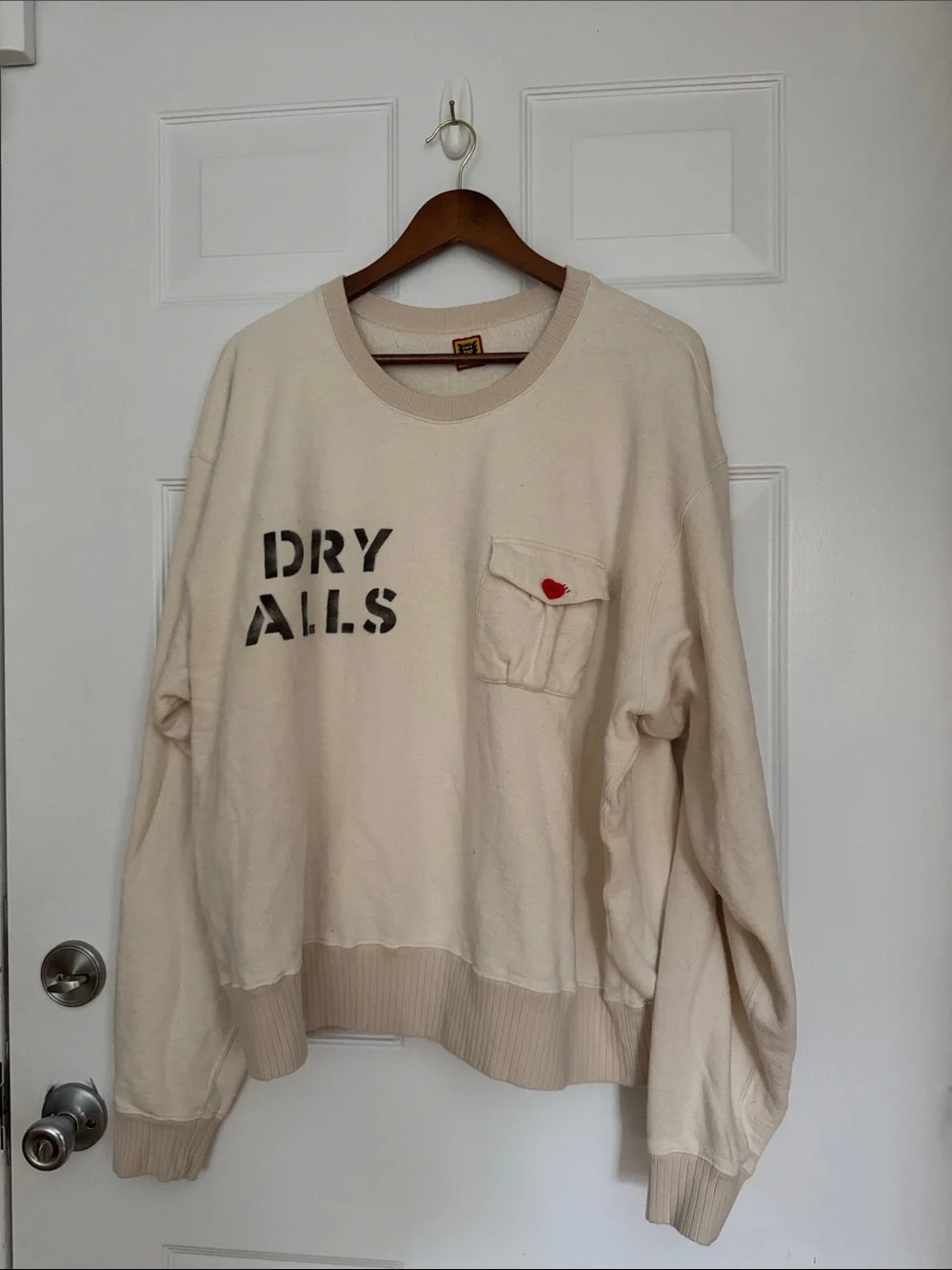 Human Made Cream Crewneck with Black Stencil and Red Heart Accent